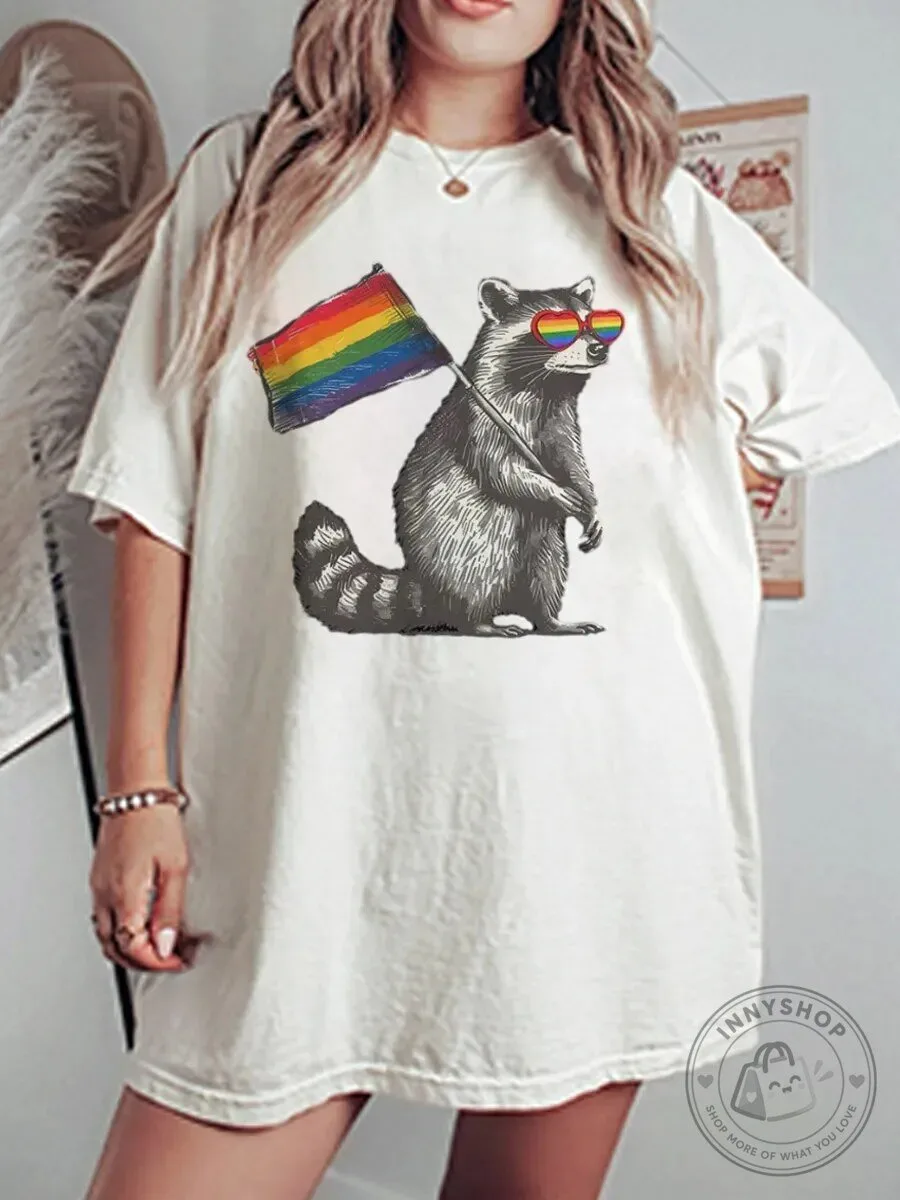 Vintage Racoon Pride Flag Rainbow Sunglasses Graphic T-Shirt