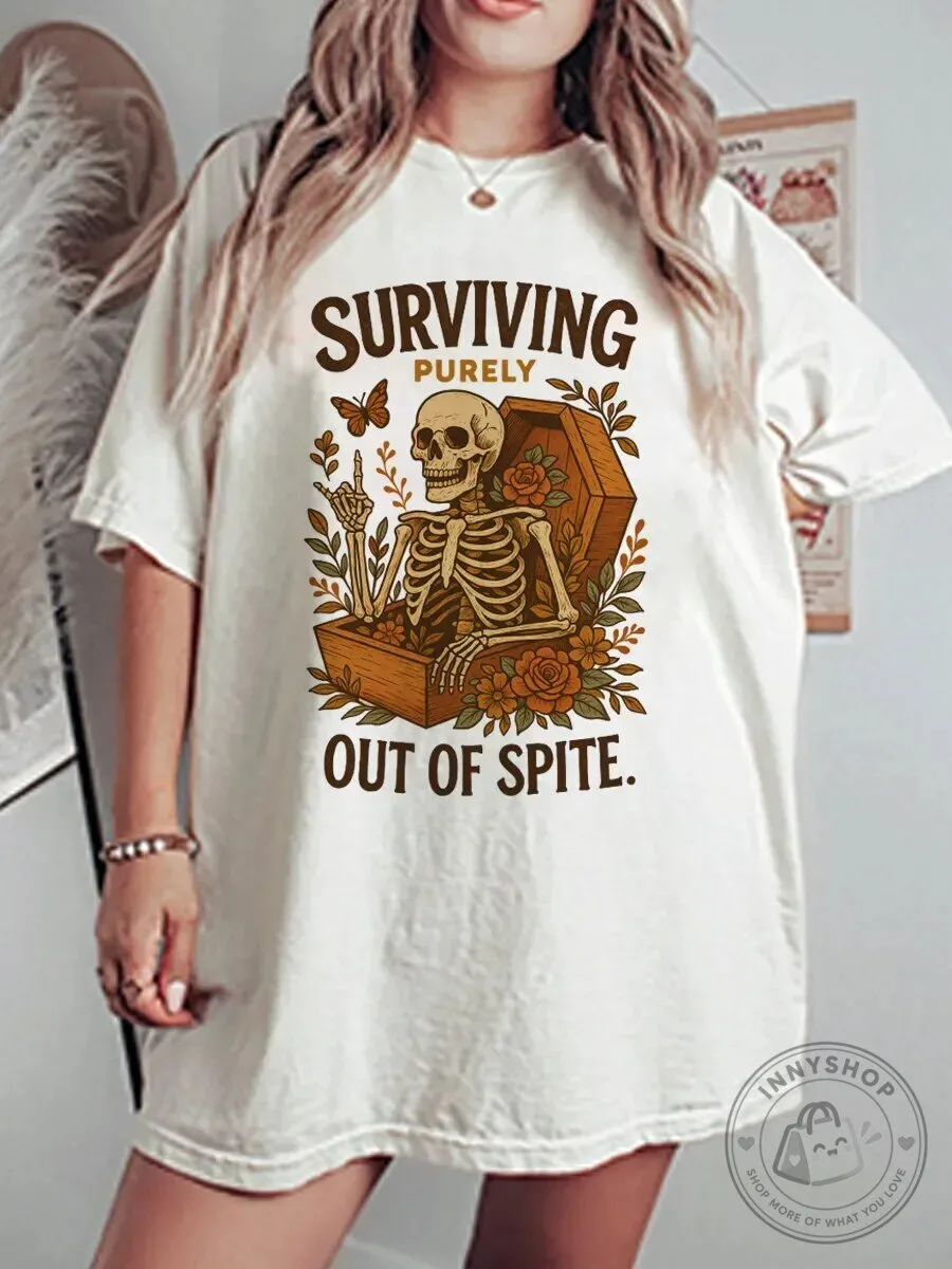 Surviving Purely Out Of Spite Skeleton Coffin Vintage Graphic T-Shirt