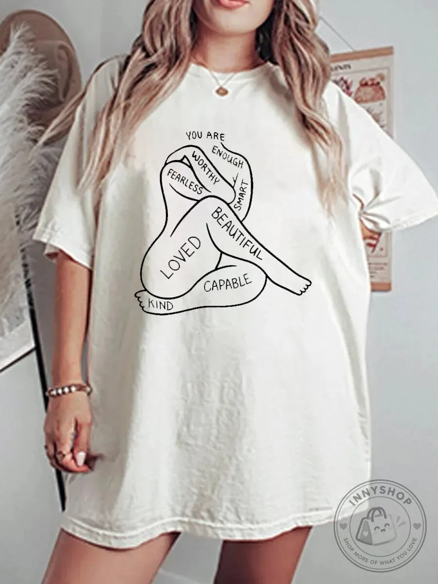 Body Positivity Line Art You Are Enough Worthy Beautiful Loved Kind Capable T-Shirt